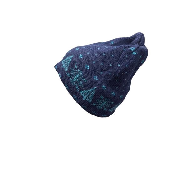 Knit Winter Hat Navy & Teal Geometric Snowflake Design Warm & Soft Unisex One Si - Picture 7 of 13